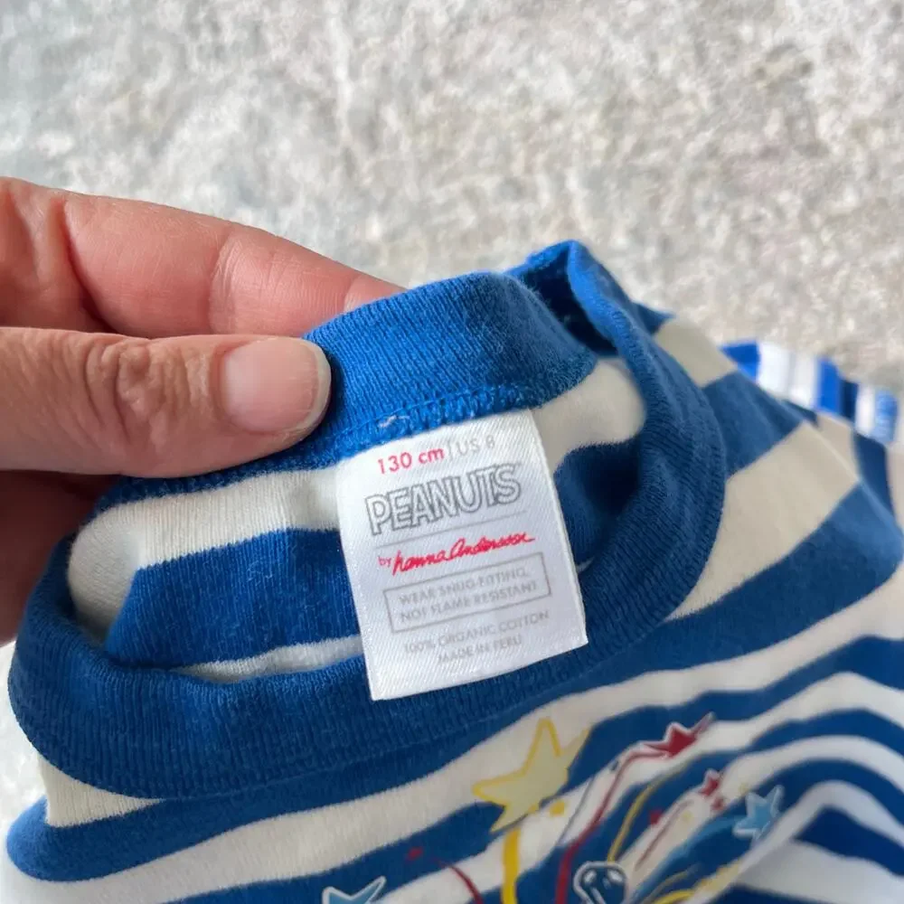 Hanna Andersson Blue & White Striped Snoopy Fireworks Short John PJs 130 cm 8